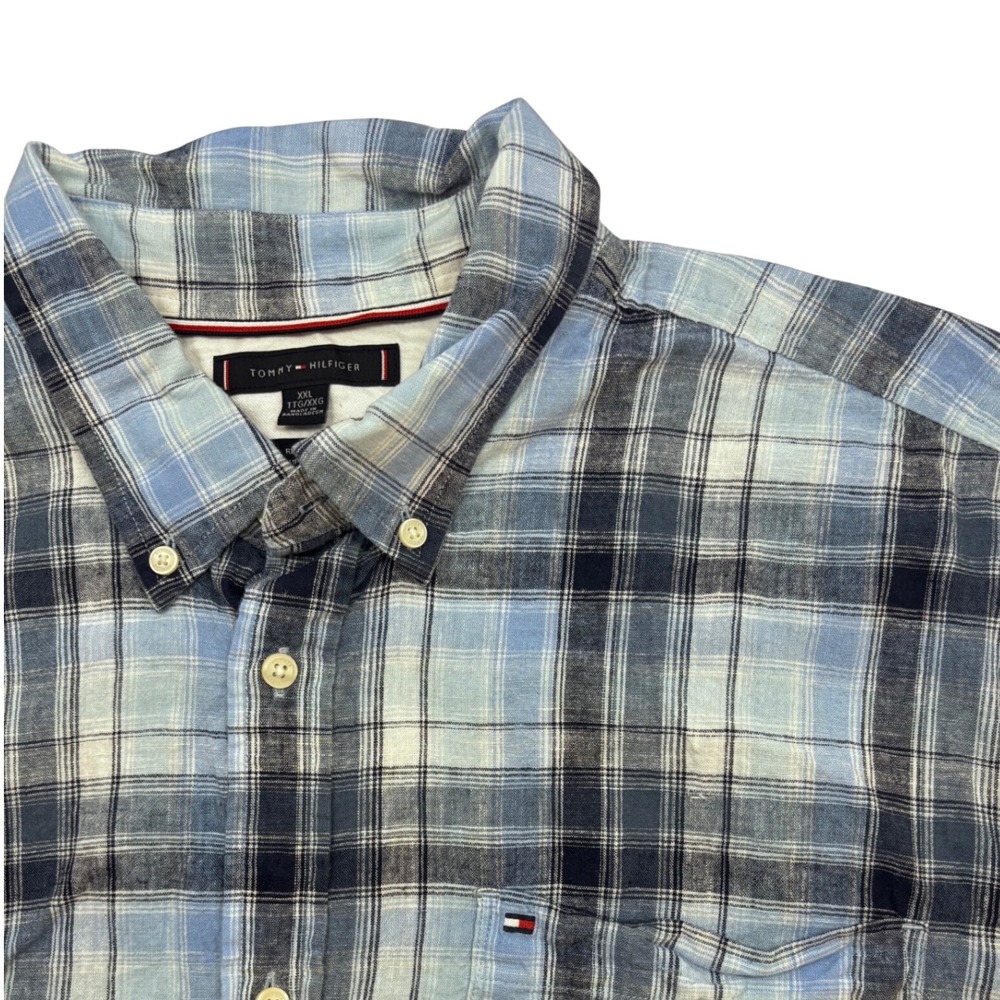 New Tommy Hilfiger Mens XXL Blue Plaid Short Sleeve Button Down Shirt Linen
